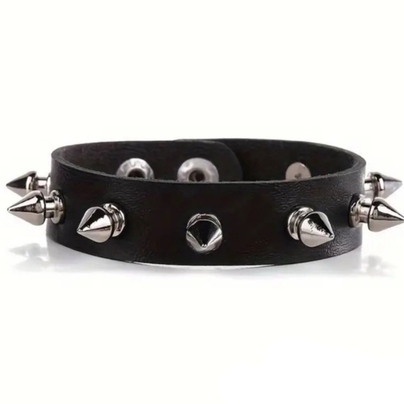 Punk Black Spiked Faux Leather Bracelet Goth Rock Studded Cuff - Picture 1 of 3